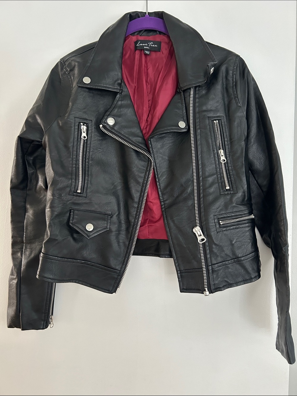 Love Tree Black Leather Moto Jacket with Red Lining